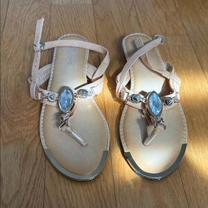 Beige Jeweled T-Strap Sandals - Women